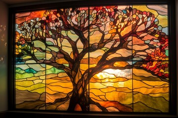 Stained glass artwork showcasing vibrant sunset and tree motifs. Generative AI