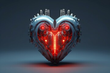 Futuristic robotic heart in steel red with light blue lighting, a replacement organ, 3D rendered on a grey background. Generative AI