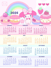 2024 calendar posters for notes with tlat rainbow colours  bunny  for schoolchildren. Cartoon character flat vector collection isolated kawaii for kids tee