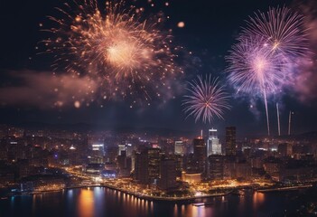 City in Celebration: A Dazzling Display of Fireworks Illuminating the Modern Skyline, Transforming the Night into a Spectacular Celebration
