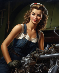 Fototapeta na wymiar Retro 1960's pin up style postcard of woman mechanic in denim jeans work dress near the car engine