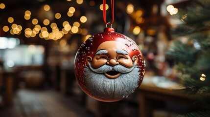 Christmas ball in the shape of Santa Claus on the Christmas tree. Christmas tree decoration,...