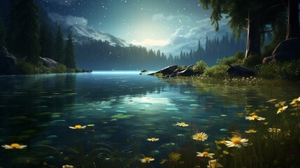 An enchanting scene of a crystal-clear lake surrounded by Celestial Celandine blooms, reflecting the heavens above.