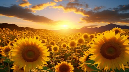 An enchanting Solstice Sunflower field at the peak of summer, with a sea of sunflowers stretching as far as the eye can see.