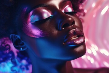 Fashion female model in colorful bright neon blue and purple lights. Glitter vivid neon makeup, trendy glowing make-up concept	