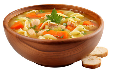 Classic chicken noodle soup with vegetables in a wooden bowl isolated on transparent background
