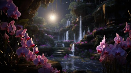 A celestial garden of Cattleya orchids illuminated by a cascading waterfall, creating a magical...