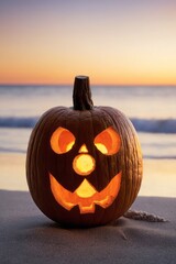 Jack o'lantern pumpkin on a beach at sunset