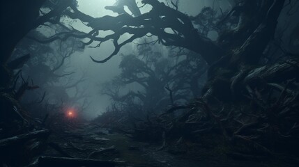 Fototapeta na wymiar An enigmatic Myrtle forest with ancient, gnarled trees surrounded by a mysterious mist at midnight.