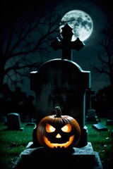 jack o'lantern pumpkin in a graveyard at night