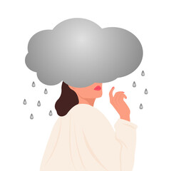 Sad lonely woman with head in rainy clouds.Concept of psychological help for women,teenagers,psychological problems,depressive disorder,childhood trauma.Vector illustration.