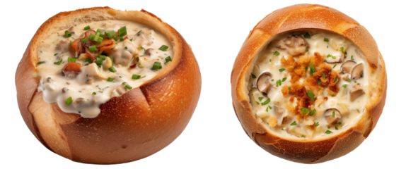 Bundle  of clam chowder soups in a sourdough bread bowl isolated on white background
