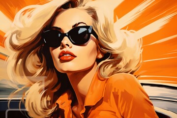 Portrait of a beautiful fashionable woman with a hairstyle and sunglasses, outdoor. Bright day, orange color. Illustration poster in the style of 1960 - obrazy, fototapety, plakaty
