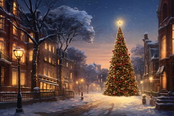 city street in winter, fir tree, exteriors of houses decorated for Christmas or New Year's holiday, snow, street lights, festive environment - obrazy, fototapety, plakaty