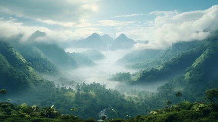 An ethereal, mist-covered valley where the Celestial Cinnamon Ferns thrive, creating a dreamlike scene.