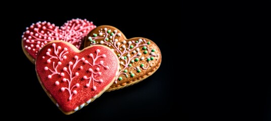 Fototapeta premium Decorated heart shaped cookies for Valentines day. sweet love concept, copy space 