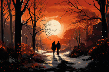 a couple walking through city park in winter, beautiful sunset, silhouettes and shadows, path covered by snow