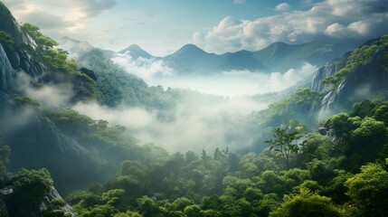 An ethereal, mist-covered valley where the Celestial Cinnamon Ferns thrive, creating a dreamlike...