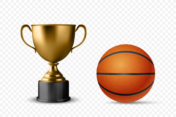 Realistic Vector 3d Blank Golden Champion Cup Icon with Basketball Set Closeup Isolated. Design Template of Championship Trophy. Sport Tournament Award, Gold Winner Cup and Victory Concept