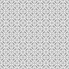 Fototapeta na wymiar Repeated black figures on white background. Geometric wallpaper. Seamless surface pattern design with regular octagons and squares. Tiles motif. Digital paper for textile print, web designing. Vector.