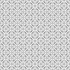 Repeated black figures on white background. Geometric wallpaper. Seamless surface pattern design with regular octagons and squares. Tiles motif. Digital paper for textile print, web designing. Vector.