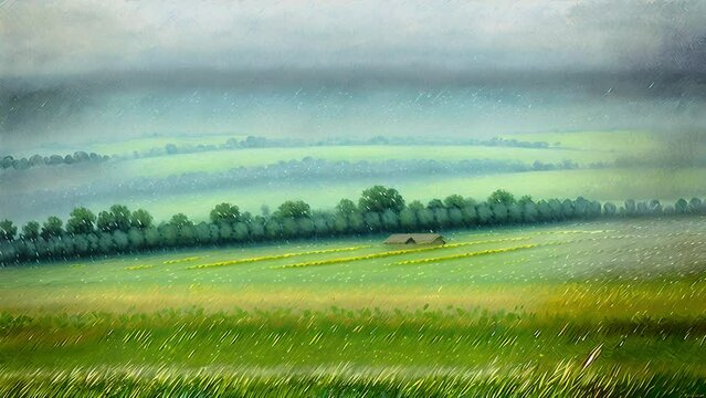 Grass field with rain, painting animation.