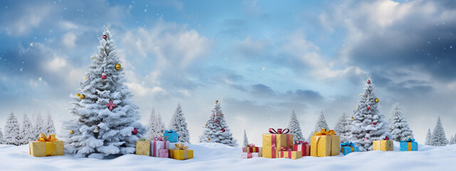 X-mas tree and gift boxes in the snow illustration