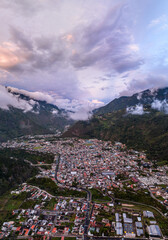 Beautiful aerial view of the Ecuadorian Andes at sunset. City of Banos.