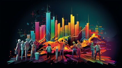 vibrant and dynamic image that represents the concept of a thriving stock market,  energy and momentum of the financial world, incorporating elements like upward trending graphs