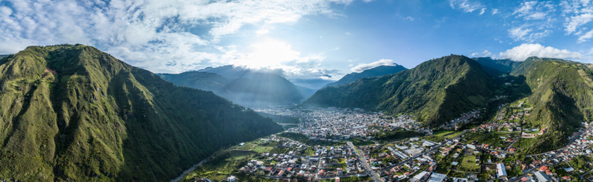 Beautiful aerial view of the Ecuadorian Andes at sunset. City of Banos.