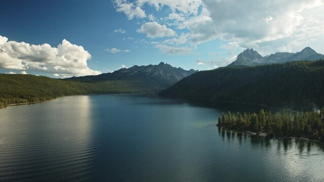 Aerial flyover view of Redfish Lake / Stanley, Idaho, United States