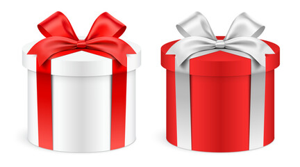 Round shape white and red gift boxes wrapped with ribbons, isolated on background. Realistic cylindrical giftbox set, vector illustration.