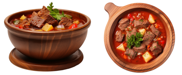 Bundle of two bowls of hungarian goulash soup with beef chunks and vegetables isolated on white background