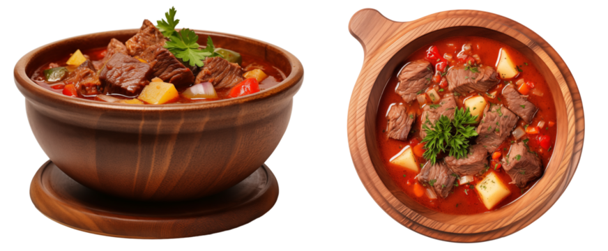 Bundle of two bowls of hungarian goulash soup with beef chunks and vegetables isolated on white background