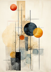 Minimalist abstract retro collage of lines and colorful circles, powdery delicate colors, collage-style paintings