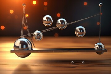 Two concepts, consistency and success, depicted as metal balls in a Newton's cradle, transferring energy and momentum in relation. Labelled 3D illustration. Generative AI - obrazy, fototapety, plakaty