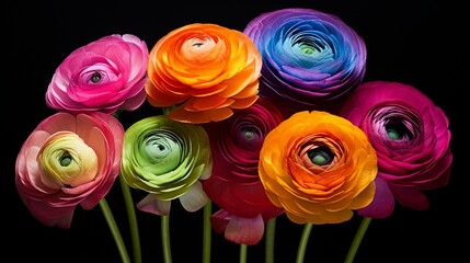 An exquisite bouquet of Rainbow Ranunculus against a black background in
