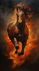 Horse running in flames oil painting, suitable for wall decorations. Generative ai