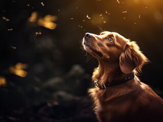 Golden retriever looking to something in the forest at the golden hour time. Generative ai
