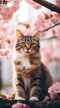 Cat photo with sakura flowers background. Generative ai