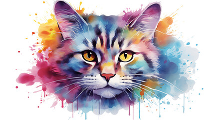 Close-up of the face of a multi-colored cat with multi-colored fur..Watercolor paints.