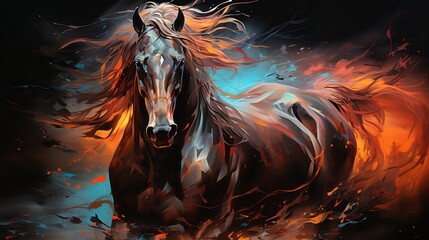 Illustration of a horse painting with flame on a dark background, suitable for wall decoration. Generative ai