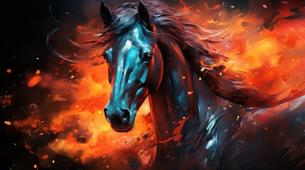 Illustration of a horse painting with flame on a dark background, suitable for wall decoration. Generative ai