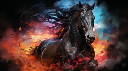 Obraz na płótnie Canvas Illustration of a horse painting with flame on a dark background, suitable for wall decoration. Generative ai