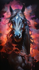 Illustration of a horse painting with flame on a dark background, suitable for wall decoration. Generative ai