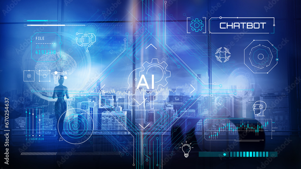 Poster virtual interface with futuristic infographics on the theme of artificial intelligence.