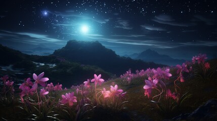 A celestial landscape with the majestic Cattleya orchids scattered across a moonlit meadow under a...