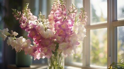 An Iridescent Foxglove bouquet in a crystal vase on a sunlit windowsill. - obrazy, fototapety, plakaty