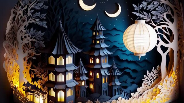 Paper Chinese scene with a Chinese flashlight and pagodes