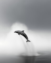 Danza del Delfín Solitario: Un Momento de Belleza y Gracia Capturado en Monocromo Mientras el Delfín Salta en las Aguas Tranquilas - obrazy, fototapety, plakaty